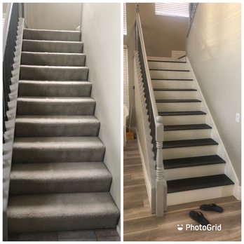 Ortega's Painting - Removed carpet; custom stair casing, installation vinyl plank tread and white painted risers - Flooring Near Me