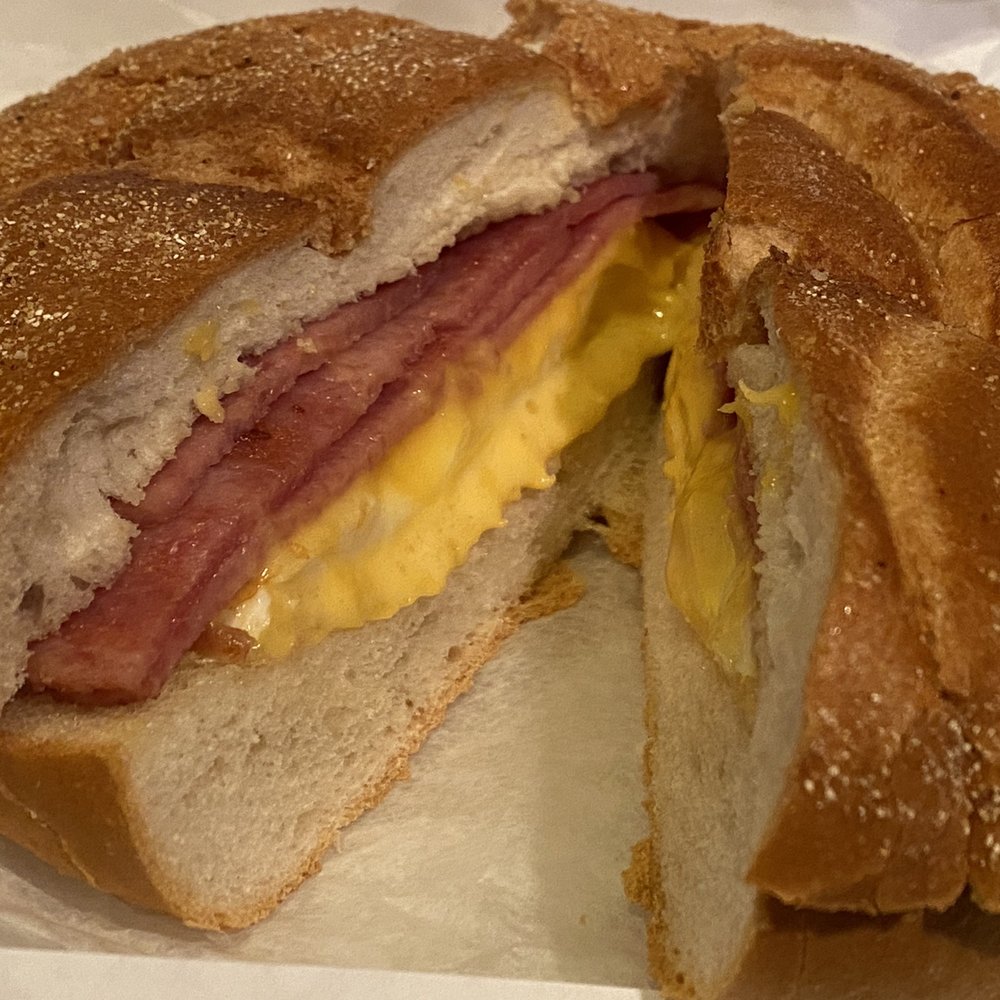 Taylor ham, egg & cheese on round roll Taylor ham, egg & cheese on round roll