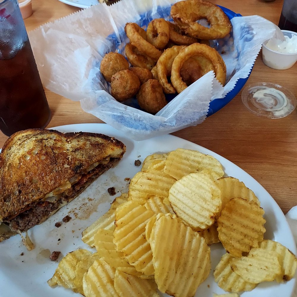 Patty Melt, thick sliced Reuben, onion rings and battered mushrooms!!!