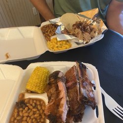 Big Bee’s Barbeque & Grill - Rib plate (with corn and bbq baked beans), pulled pork sandwich (with mac and cheese and bbq baked beans)