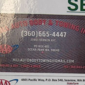 Hill Auto Body & Towing - Business Card - Towing Near Me - Ocean Park, Washington Hill Auto Body & Towing - Business Card - Towing Near Me - Ocean Park, Washington