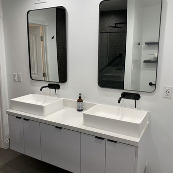 BBM Services - I love the floating cabinet. The wall-mounted faucets, and the black hardware is so modern! - Drywall Installation & Repair Near Me - Phoenix, Arizona BBM Services - I love the floating cabinet. The wall-mounted faucets, and the black hardware is so modern! - Drywall Installation & Repair Near Me - Phoenix, Arizona