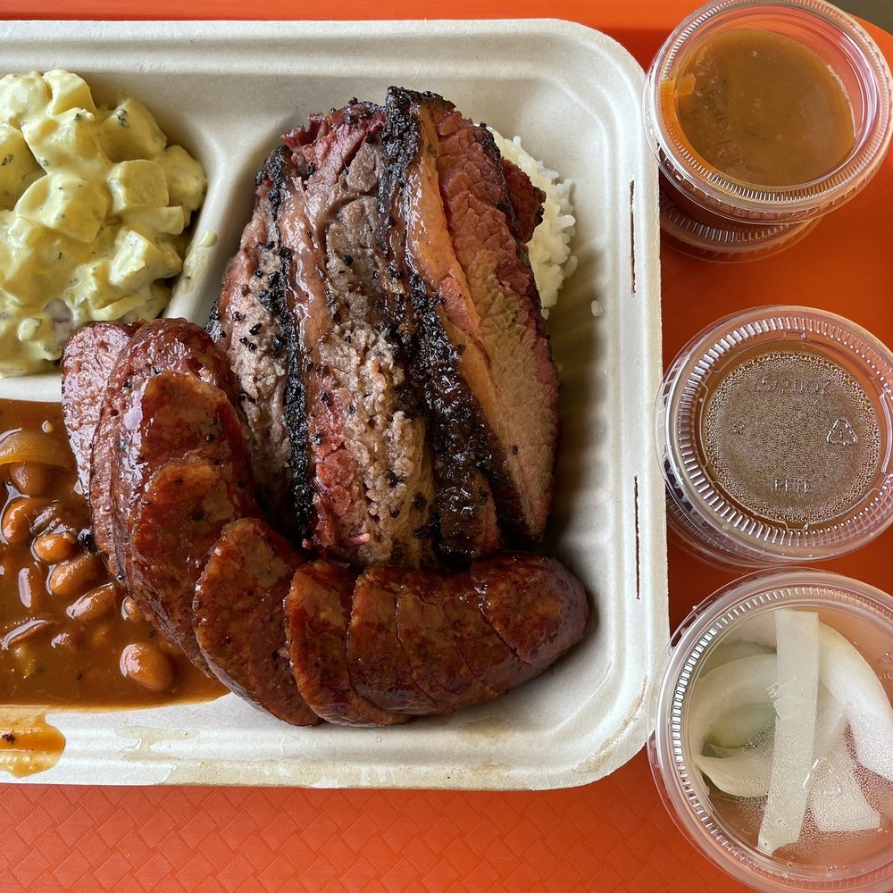 Sunset Texas Barbecue - Brisket lunch plate with added sausage - Barbeque Near Me - Honolulu, Hawaii Sunset Texas Barbecue - Brisket lunch plate with added sausage - Barbeque Near Me - Honolulu, Hawaii