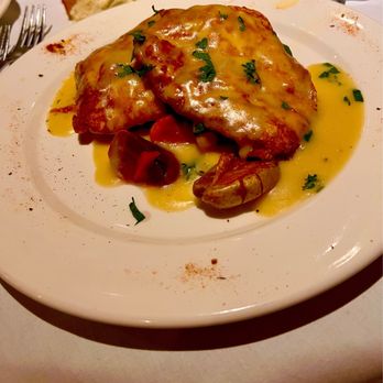 Dimaio Cucina - Chicken Francese - A plate of Chicken Francese with melted cheese, sauce, and garnished with chopped herbs, accompanied by vegetables. - Italian Near Me - Berkeley Heights, New Jersey