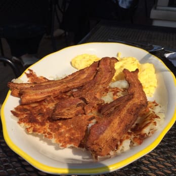 Early Bird Cafe - 2 Scrambled, Bacon, And Hash Browns. Did I say Bacon, this isn't Tony's but its enough to share, but you won't want to. - Cafes Near Me - Keego Harbor, Michigan