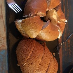 LAB Bakery Cafe - Bagel with cream cheese and a mocha bun.