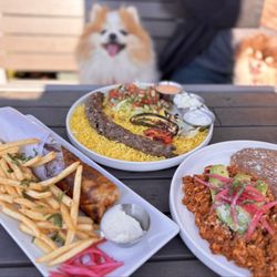 Así Mexican Fusion Bistro - Habibi's Lamb Kebab Plate ($24), Chorizo con Huevo w/ refried beans, tortillas ($18), Crispy Chicken Shawarma Wrap ($16)