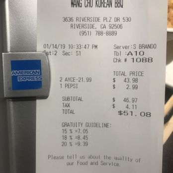 Wang Cho Korean BBQ - BILL FOR 2 & ONE SODA - Korean Near Me - Riverside, California