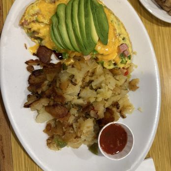 Silver Spoon Restaurant - Denver Omelette Breakfast with bacon and sausage and avocado added. - Diners Near Me - Glendora, California Silver Spoon Restaurant - Denver Omelette Breakfast with bacon and sausage and avocado added. - Diners Near Me - Glendora, California
