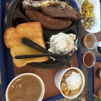 Blue Hound Barbecue - Brisket, jalapeno cheddar sausage, baked potato salad, soup beans and peach cobbler - Barbeque Near Me - Dillard, Georgia