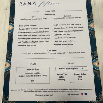 Rana Fifteen - Menu as of 6/2024 - Mediterranean Near Me - Brooklyn, New York
