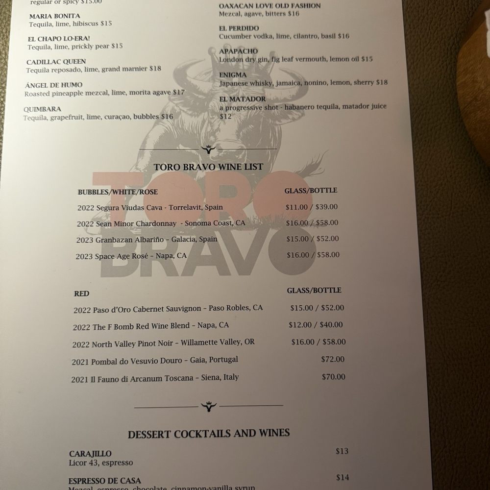 Toro Bravo - Drink menu - Steakhouses Near Me - Reno, Nevada Toro Bravo - Drink menu - Steakhouses Near Me - Reno, Nevada