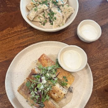 Fusion Kitchen - Chicken and Mushroom Mylntsi & Varenyky with Mashed Potatoes - Breakfast & Brunch Near Me - Los Angeles, California