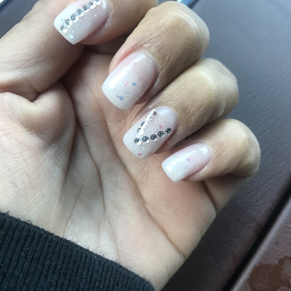 L & Y Nails - Pink gel with white ombre and stones - Nail Salons Near Me - Brooklyn, New York L & Y Nails - Pink gel with white ombre and stones - Nail Salons Near Me - Brooklyn, New York