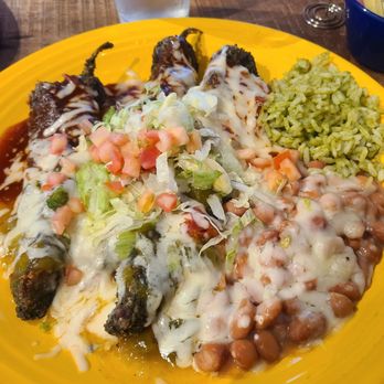 The Range Café - Blue corn chile rellenos little too heavy batter for me - Desserts Near Me - Albuquerque, New Mexico