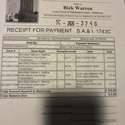 Oklahoma Redline Performance - This is a receipt from Oklahoma County court clerks office where I sued Redline Performance Transmission I paid $108 to take them to court.