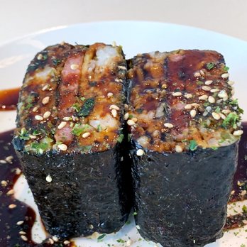 Poke Stop - Spam Musubi: spam, fried egg, reduces soy glazed, wrapped in rice and seaweed paper, dusted with furikake - Hawaiian Near Me - flowood, Mississippi