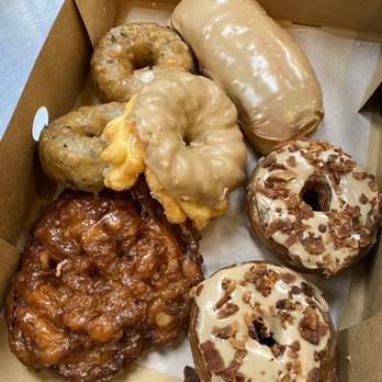 Rose - Bacon maple cronuts, apple fritter, blueberry donuts,  maple twist, and custard filled maple bar. - Donuts Near Me - Temple City, California