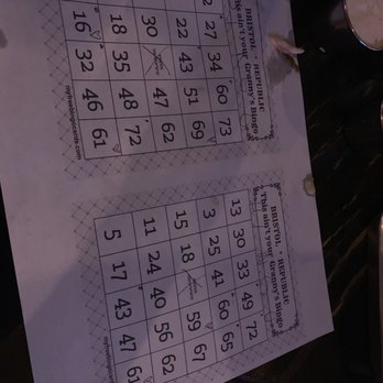 Bristol Republic - Bingo cards. I just made markings with pen on mine. I don't like that they have pennies when you're eating finger foods! - Bars Near Me - Columbus, Ohio Bristol Republic - Bingo cards. I just made markings with pen on mine. I don't like that they have pennies when you're eating finger foods! - Bars Near Me - Columbus, Ohio