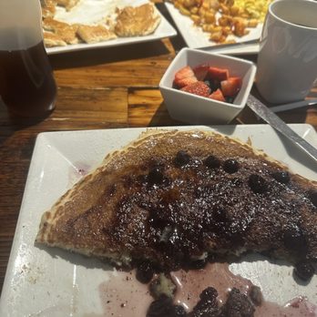 Oy! - Wild Blueberry Pancake, American Breakfast Plate, side of fruit. - Breakfast & Brunch Near Me - Atlanta, Georgia Oy! - Wild Blueberry Pancake, American Breakfast Plate, side of fruit. - Breakfast & Brunch Near Me - Atlanta, Georgia