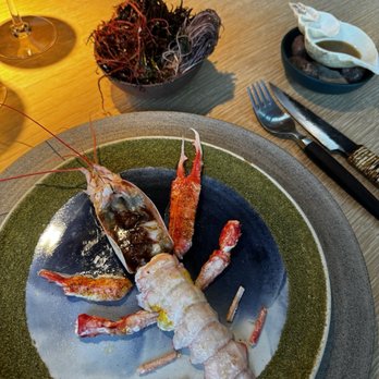 Noma - Whole cooked langoustine; mussel broth with bergamot - Modern European Near Me - København Noma - Whole cooked langoustine; mussel broth with bergamot - Modern European Near Me - København