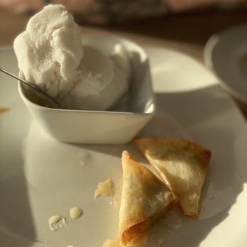 Blue Table Thai Cuisine - Banana Roll with Honey. Served with coconut ice cream. So good. - Thai Near Me - Bakersfield, California Blue Table Thai Cuisine - Banana Roll with Honey. Served with coconut ice cream. So good. - Thai Near Me - Bakersfield, California