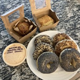 Assorted Goodies- Bagels, Cream Cheese, Blueberry Muffin, and Cheddar Scone Assorted Goodies- Bagels, Cream Cheese, Blueberry Muffin, and Cheddar Scone