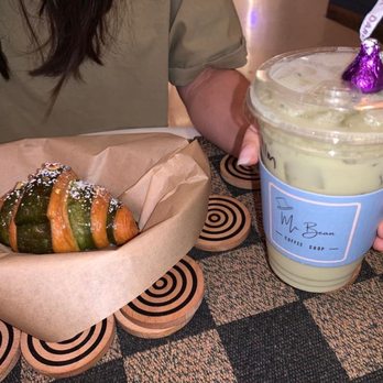 Mr Bean Coffee Shop - Pistacchio croissant and Matcha Latte Iced 5/5 - Coffee & Tea Near Me - Miami, Florida Mr Bean Coffee Shop - Pistacchio croissant and Matcha Latte Iced 5/5 - Coffee & Tea Near Me - Miami, Florida