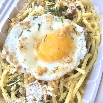 Grassa - Carbonara. To go was so delicious. A light sauce perfectly aldente pasta with a perfect sunny side up egg and nice thick chunks of bacon. - New American Near Me - Portland, Oregon Grassa - Carbonara. To go was so delicious. A light sauce perfectly aldente pasta with a perfect sunny side up egg and nice thick chunks of bacon. - New American Near Me - Portland, Oregon