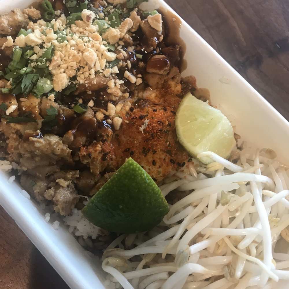 I forgot what this is called. But if you show them the picture they will make it!  White rice/chicken/poached egg/and nut pieces (i think)