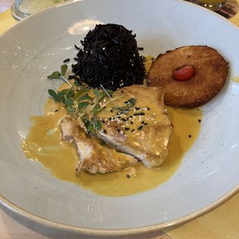 Hausbrauerei Domhof - Turkey with curry sauce and black rice - Breweries Near Me - Speyer, RP Hausbrauerei Domhof - Turkey with curry sauce and black rice - Breweries Near Me - Speyer, RP