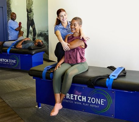 Increase Range of Motion - Stretch Zone is not in the business of making people more flexible. Well, not by the traditional definition of flexibility. We are in the business of reeducating the nerve-muscle reflex, which allows you to move easier.

Our goal isn’t to make you more “flexible” or “elastic,” it is to increase your active range of motion, so that you can move further without feeling a stretch. Stretch Zone works through the nervous system to achieve lasting flexibility gains.