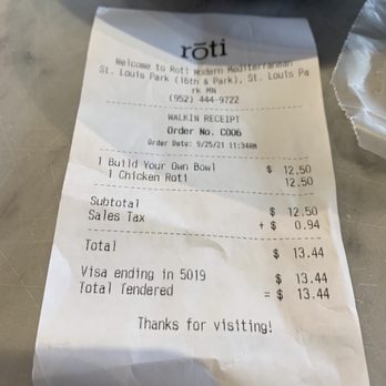 Roti - The bill. - Mediterranean Near Me - St. Louis Park, Minnesota