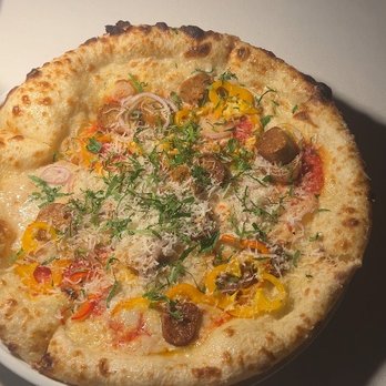 Crossroads Kitchen - Sausage Pepper Onion Pizza - Vegan Near Me - Las Vegas, Nevada Crossroads Kitchen - Sausage Pepper Onion Pizza - Vegan Near Me - Las Vegas, Nevada