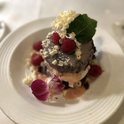 Ice cream brownie with raspberries