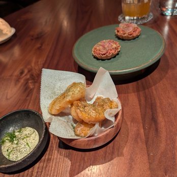 Boka - honeynut squash tempura (amazing) and beef tartare tartlet (equally amazing) - New American Near Me - Chicago, Illinois Boka - honeynut squash tempura (amazing) and beef tartare tartlet (equally amazing) - New American Near Me - Chicago, Illinois