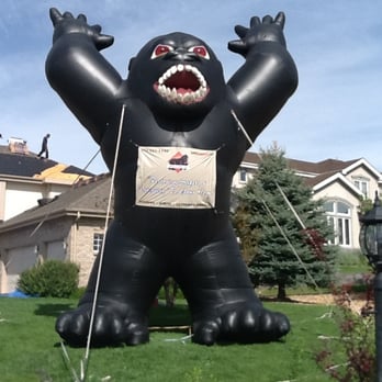 Gorilla Roof - Our mascot "Grady" looking oner another great roofing job. - Roofing Near Me - Foxfield, Colorado Gorilla Roof - Our mascot "Grady" looking oner another great roofing job. - Roofing Near Me - Foxfield, Colorado