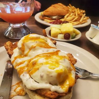 Bill's Cafe - fried chicken benedicts and french dip in the background. get. their. guava. mimosa - Breakfast & Brunch Near Me - San Jose, California