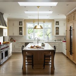 Douglah Designs - This open-concept kitchen blends timeless design with high-end finishes, including natural stone surfaces, wood tones, and brass details.