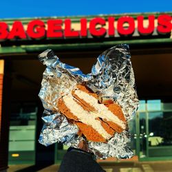 Bagelicious Bagels of Cheshire - Pumpernickel bagel toasted with plain cream cheese