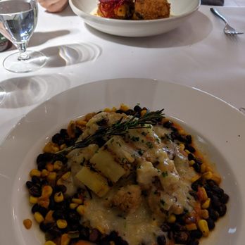 Orange Hill Restaurant - Cauliflower steak in front, stuffed portobello in back - New American Near Me - Newburgh, New York