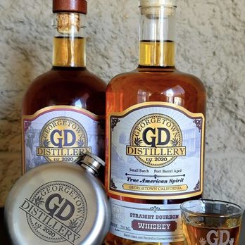Georgetown Distillery - two bottles of bourbon and a shot glass - Distilleries Near Me - Georgetown, California