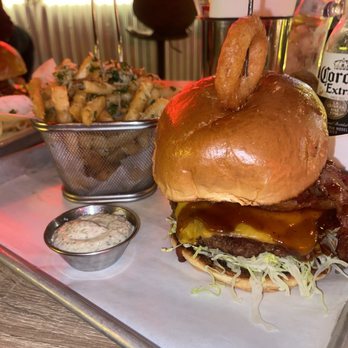 Burgermeister - Brickell - Smokehouse Burger, Truffle Parmigiana Fries, Side of Chimichurri Mayo - Burgers Near Me - Miami, Florida