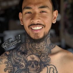 Fathom FX Face & Body Art - Airbrushed (temporary) tattoos over and near existing tattoos on our very satisfied repeat client.