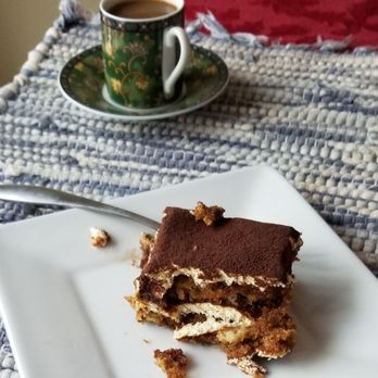 The Bread Boss - Half slice Tiramisu (we shared) and Italian moka (Bialetti pot). Caramel flavor in tiramisu was a lovely surprise. - Pizza Near Me - Johnston, Rhode Island