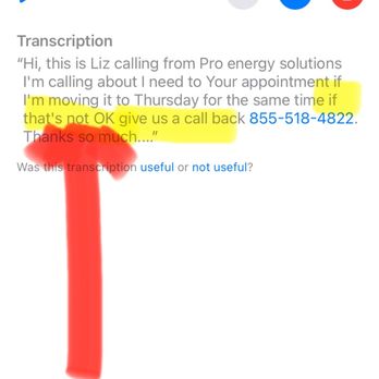 Pro Energy Solutions - Voicemail transcript telling me to call back only if the reschedule date was not acceptable - Plumbing Near Me - Morganville, New Jersey Pro Energy Solutions - Voicemail transcript telling me to call back only if the reschedule date was not acceptable - Plumbing Near Me - Morganville, New Jersey