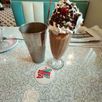 Sunliner Diner - Milkshake comes with a mini waffle triangle and all that you see on top - Diners Near Me - Orange Beach, Alabama Sunliner Diner - Milkshake comes with a mini waffle triangle and all that you see on top - Diners Near Me - Orange Beach, Alabama