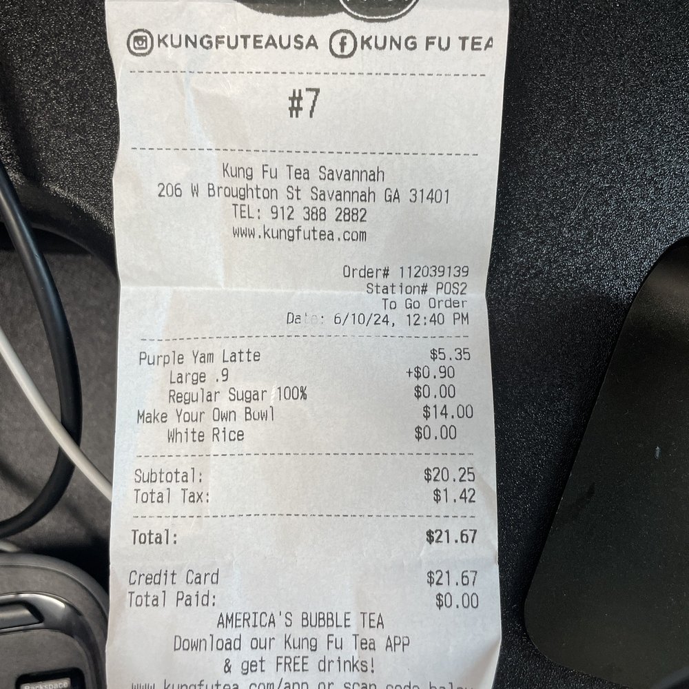 Bowls & Bubbles - Check your credit card transactions. They charged me more than what the receipt says. Got charged $23.70. - Bubble Tea Near Me - Savannah, Georgia