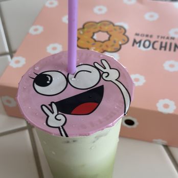 Mochi Me - Matcha milk tea- Had to share her winking at me and giving me the best photo pose.  Makes the milk tea that much fun. - Donuts Near Me - Rancho Cordova, California