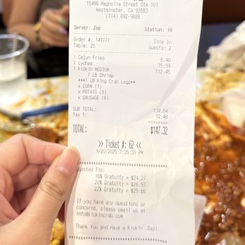 The Kickin' Crab - Receipt of Entire Meal - Cajun/Creole Near Me - Westminster, California